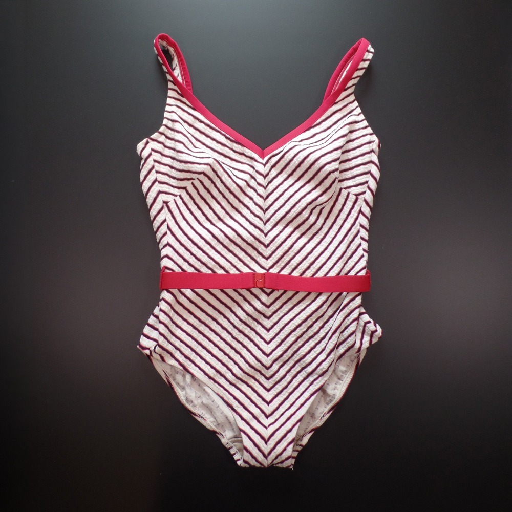 Vintage Jantzen One Piece Swimsuit, M, Red White Blue, Chevron Stripe Belted